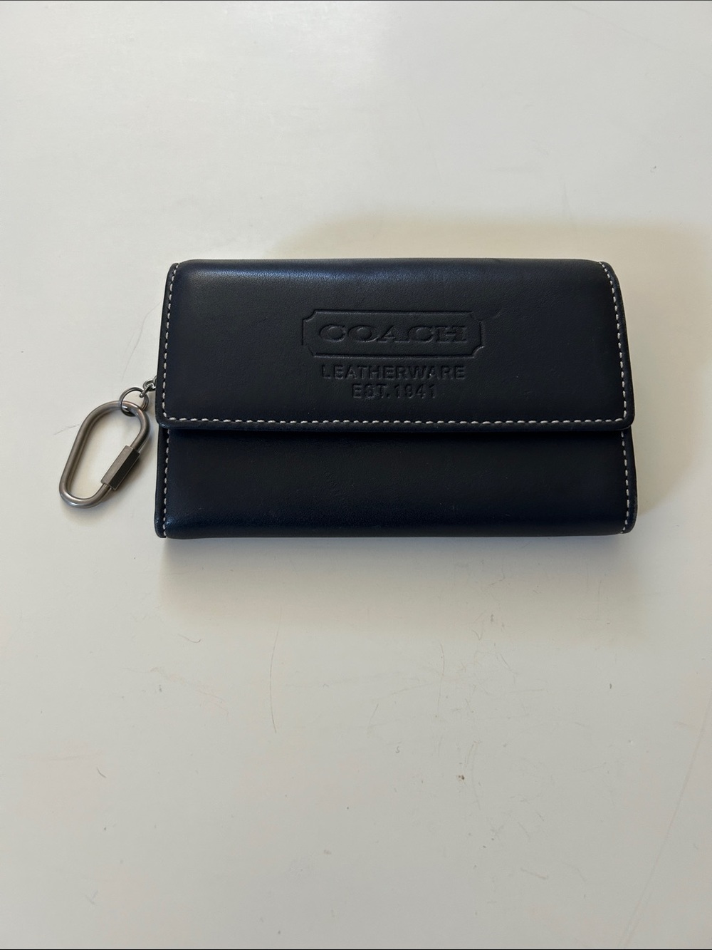 Pre-owned Coach Compact Black Leather wallet with White Stitching and Metal Clip - Picture 1 of 7